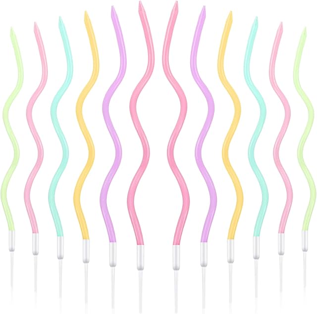 BBTO 12 Pcs Twisted Birthday Candles Spiral Metallic Cupcake Thin Long Cake Candles with Holders for Birthday Wedding Party(Colorful)