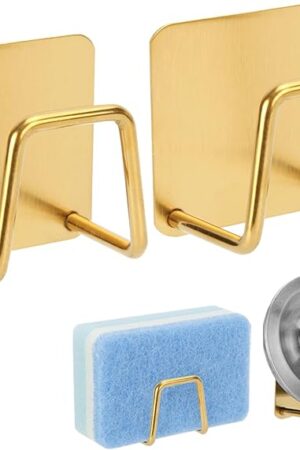 2Pcs Adhesive Sponge Holder for Kitchen Sink Essentials, Stainless Steel Dish Soap Holder, Rustproof and Waterproof, Quick Drying, Minimal Size Saves Space, Gold