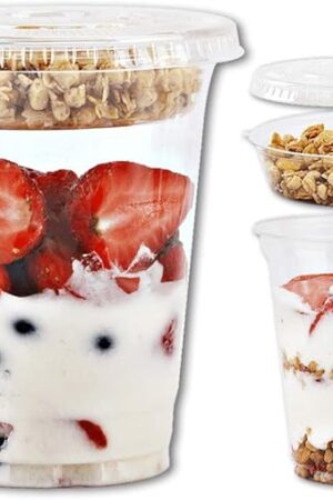 12 oz Clear Plastic Parfait Cups with Insert 3.25oz & Flat Lids No Hole - (50 Sets) Yogurt Fruit Parfait Cups for Kids, for Dips and Veggies, Take Away Breakfast and Snacks. No Leaking