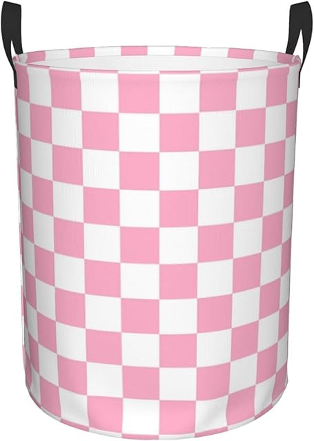 Large Laundry Hamper Bag, Checkered Pink and White Collapsible Laundry Basket Dirty Clothes Organizer Washing Bin for Family Essentials Storage, 15.7" x 19.6"
