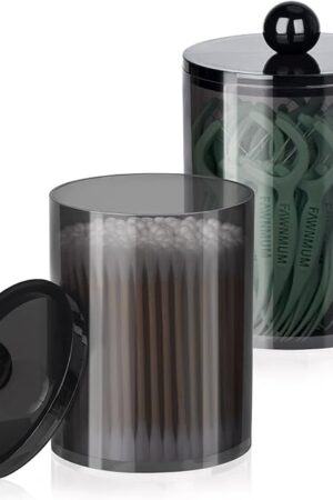 2 Pack Qtip Holder,Canister Apothecary Jar Set, Bathroom Jars with Lids Set for Cotton Swabs, Balls, Pads, Floss Picks,10oz-12oz Plastic Canisters Restroom Bedroom Vanity Organizer(Black)