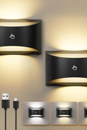 Brightown Magnetic Wall Sconces Set of Two, Rechargeable Battery Powered Wall Sconce with Remote Control, 3 Colors Wireless Up and Down Wall Mount Light for Hallway Bedroom Bedside Living Room (Black)