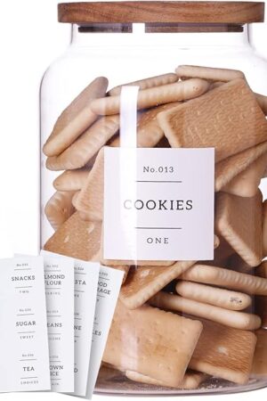 1 Gallon Large Glass Cookie jar with Airtight Acacia lids - Thicken Big Food Storage Containers with 42 Kitchen Waterproof Pantry Labels Preprinted - Clear Glass Canister for Flour, Rice, Coffee