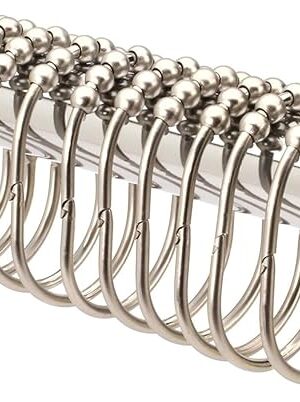 2LB Depot Set of 12 Wide Shower Curtain Rings - Rust Proof Bathroom Hooks - Brushed Satin Nickel Finish - Easy Glide 5-Roller Ball System - Decorative Stainless Steel Shower Curtain Hooks for Rods