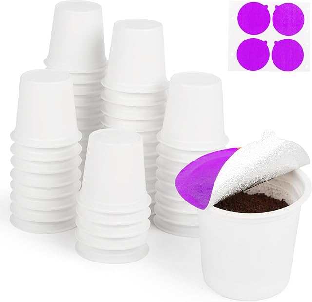 48 Count - Make Your Own K Cup Coffee Pods, Disposable Fillable Empty K Cups & Aluminum Foil Seals Lids Kit Compatible with All Keurig Coffee Brewers 1.0 & 2.0. Sealed for freshness. Purple