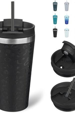 BJPKPK 18oz Insulated Tumbler, Stainless Steel, Black Leopard | Travel Coffee Mug | With Lid and Straw | Reusable Thermal Cup