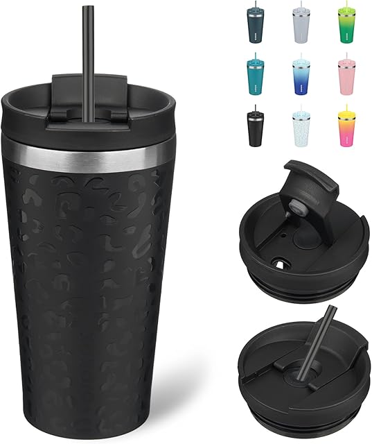 BJPKPK 18oz Insulated Tumbler, Stainless Steel, Black Leopard | Travel Coffee Mug | With Lid and Straw | Reusable Thermal Cup