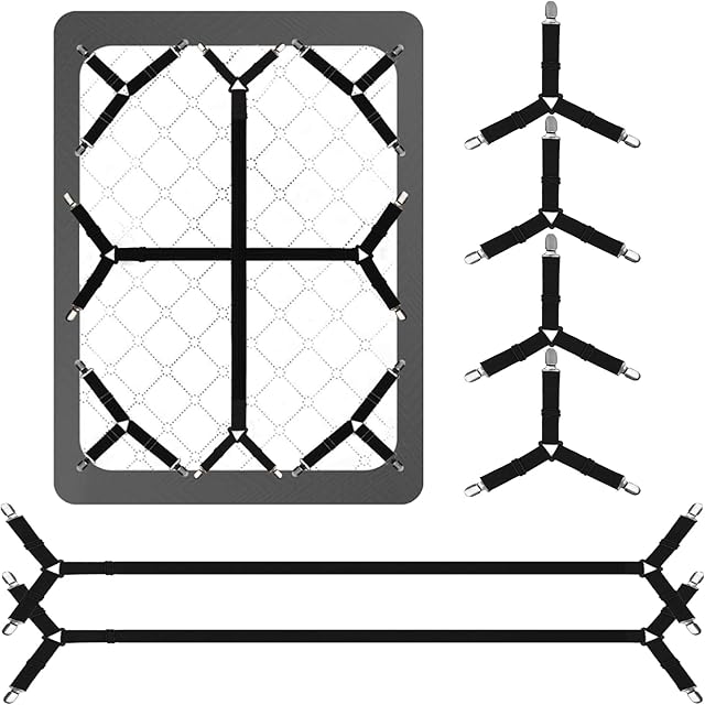 Bed Sheet Straps,6 PCS Secure and Fitted Sheet Straps for Full Size Bed,Adjustable Sheet Clips Elastic Fasteners Holders for Corners,Enhance Your Sleeping Experience(Black)