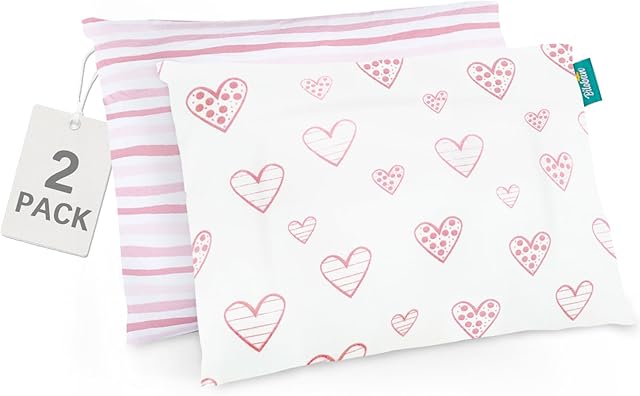 Biloban Organic Cotton 2 Pack Kids Toddler Pillowcase for Children Toddler Pillows 13"x 18" or 14"x19", Envelope Travel Toddler Pillow Cover Case (Pink Print)