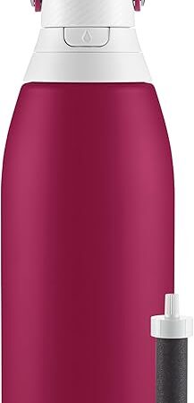 Brita Insulated Filtered Water Bottle with Straw, Christmas Gift and Stocking Stuffer For Men and Women, Reusable, Stainless Steel Metal, Ruby, 32 Ounce