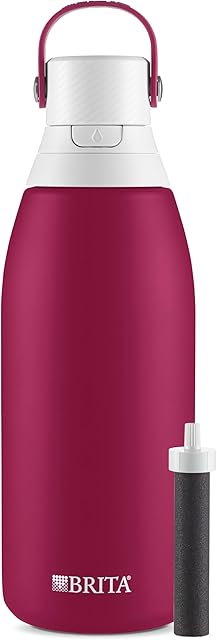 Brita Insulated Filtered Water Bottle with Straw, Christmas Gift and Stocking Stuffer For Men and Women, Reusable, Stainless Steel Metal, Ruby, 32 Ounce