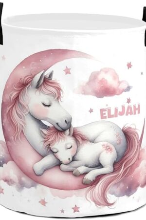 Custom Name Laundry Hamper,Pink Watercolor Horse Moon Personalized Waterproof Laundry Basket with Name, Customized Clothes Storage Organizer Gift for Boys Girls