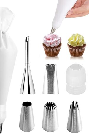 9-Piece Reusable Piping Bags and Tips Set- Cotton Baking Kit with Coupler, Stainless Steel Nozzles & Cleaner for Cakes/Cupcakes/Cookies Decorating