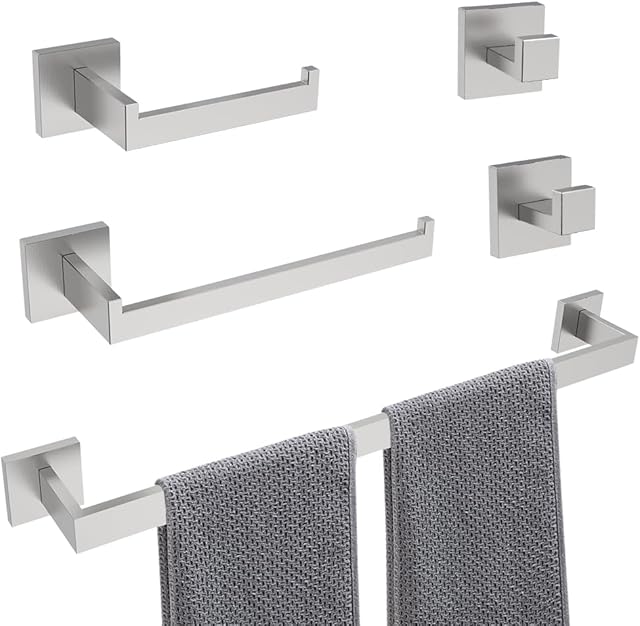 5-Piece Brushed Nickel Bathroom Hardware Set, Wall Mounted Thickened 304 Stainless Steel Towel Holder Set, Featuring 23.6" Towel Bar, Hand Towel Rack, Toilet Paper Holder, and 2 Towel Hooks
