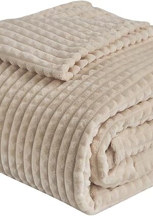 EMME Fleece Blanket, 3D Jacquard Throw Blanket for Couch and Bed, Soft Cozy and Fluffy Blankets Lightweight Luxury Flannel with Geometric Grid Design (Beige, 50'' x 60'')