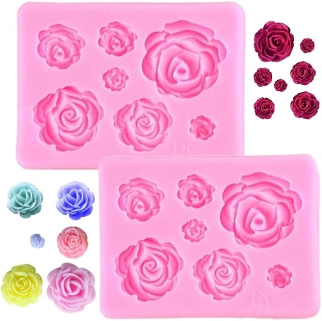 2PCS Rose Silicone Fondant Molds Roses Flowers Chocolate Mold for Wedding Cake Decorating Candy Sugarcraft Cake Pop Cupcake Polymer Clay
