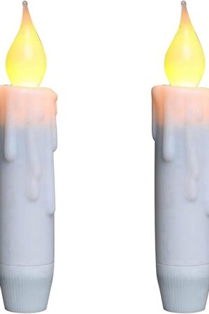CVHOMEDECO. Flickering Taper Candles LED Drip Flameless Candles, Battery Operated with Timer, White, 4-3/4 Inch, Set of 2