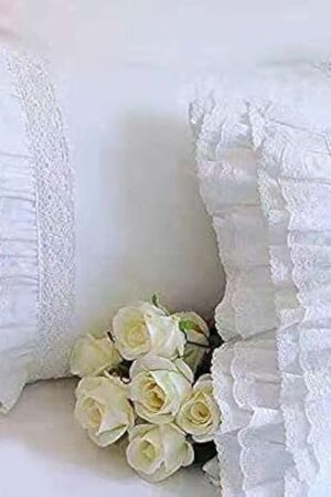 2-Pack White Pillow Shams Shabby Chic Pillowcases with Lace Ruffles Vintage Pillow Covers Cotton Queen Size 20"X30" Luxury Elegant