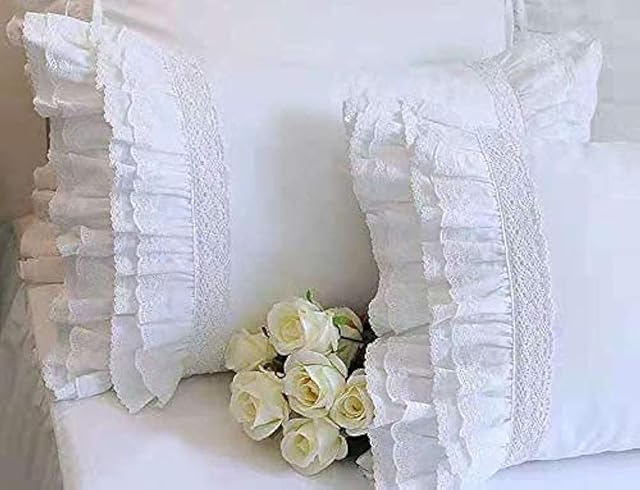 2-Pack White Pillow Shams Shabby Chic Pillowcases with Lace Ruffles Vintage Pillow Covers Cotton Queen Size 20"X30" Luxury Elegant