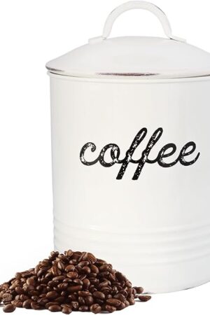 AuldHome Design Enamelware White Coffee Canister; Rustic Distressed Style Tea Storage for Kitchen
