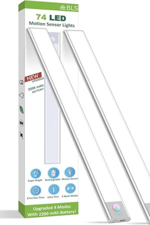 BLS Under Cabinet Lights, 74 LED lights Battery Operated Motion Sensor Light Indoor, USB C Rechargeable Closet Lights Motion Sensored, 2200mah Wireless Magnetic Light for Kitchen Night Stairs (2 Pack)