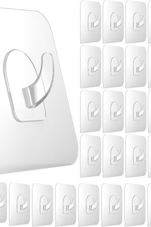 30 Pack Adhesive Hooks for Hanging, 22lb Heavy Duty Wall Hooks, Clear Plastic Sticky Utility Hook for Home Kitchen Bathroom Office Use