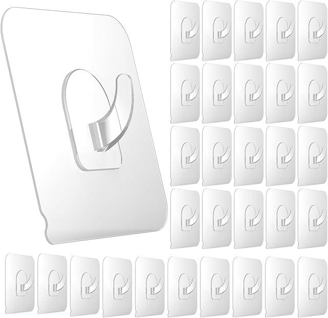 30 Pack Adhesive Hooks for Hanging, 22lb Heavy Duty Wall Hooks, Clear Plastic Sticky Utility Hook for Home Kitchen Bathroom Office Use