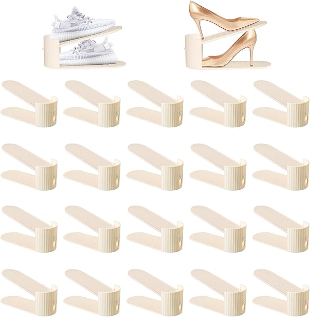 20 Pack Shoe Slot Organizer, Shoe Stacker Holders For A Pair Of Shoes, Adjustable Thickening Double Layer 50% Shoe Space Saver Rack Riser For Closet, White