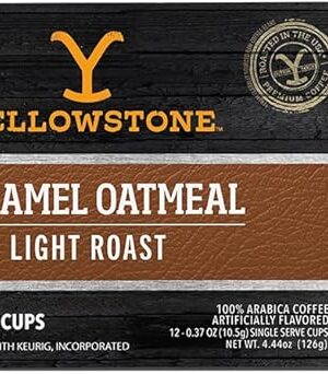 Yellowstone Caramel Oatmeal Light Roast Coffee, Single Serve Recyclable Pods/Cups, 100% Arabica Beans, 12 Count