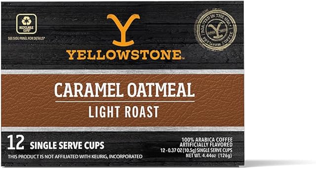Yellowstone Caramel Oatmeal Light Roast Coffee, Single Serve Recyclable Pods/Cups, 100% Arabica Beans, 12 Count