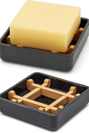 Bamboo Soap Dishes for Bar Soap Holders for Shower with Drainage for Bathroom Sink Bulk Small Wooden Soap Tray (Single Right Angle Black)