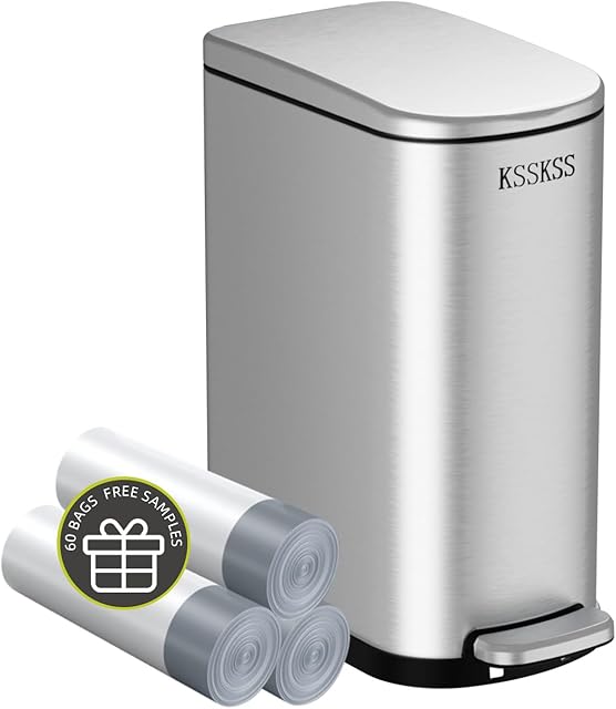 2.6 Gallon Slim Bathroom Trash Can with Soft Close Lid, 10L Stainless Steel Garbage Can with Removable Liner Bucket, for Narrow Spaces,Bathroom, Bedroom (Silver)