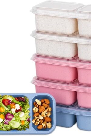 6Pack 2-Compartment Reusable Snack Containers with Lids, Wheat Straw Reusable Snack Packs for Meal Prep Food Storage On-the-Go Snacking