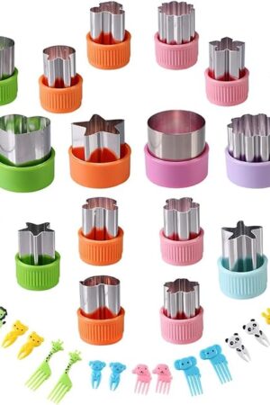 Vegetable Cutters Shapes Set, 20pcs Stainless Steel Mini Cookie Cutters, Vegetable Cutter and Fruit Stamps Mold + 20pcs Cute Cartoon Animals Food Picks and Forks -for Kids Baking and Food Supplement