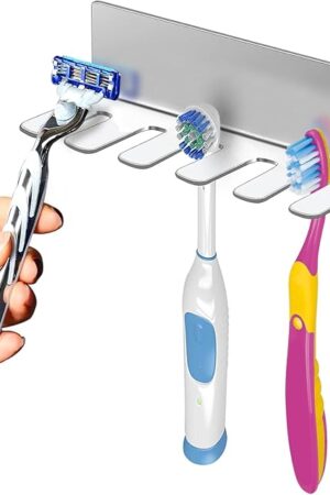 Wall Mounted Toothbrush Holder, Stainless Steel Toothbrush Holder with Self-Adhesive No Drilling Toothbrush Organizer, Bathroom Mounted Holder for Toothbrush Head, Washroom Razor Holder