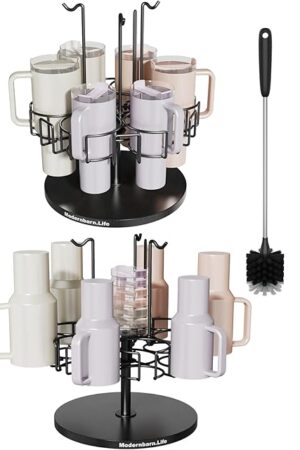 Water Bottle Organizer for Cabinet or Counter - Rotating Non-Slip Tumbler Organizer Holder for Stanley 40 Oz Cup with Handle - 2-In-1 Tumbler Display Storage Rack & Water Bottle Drying Rack - Black