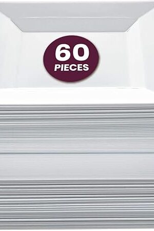 Aya's 60ct White Square Disposable Plates - Heavy Duty Plastic Party Plates for Christmas, Thanksgiving (30 Dinner & 30 Salad)