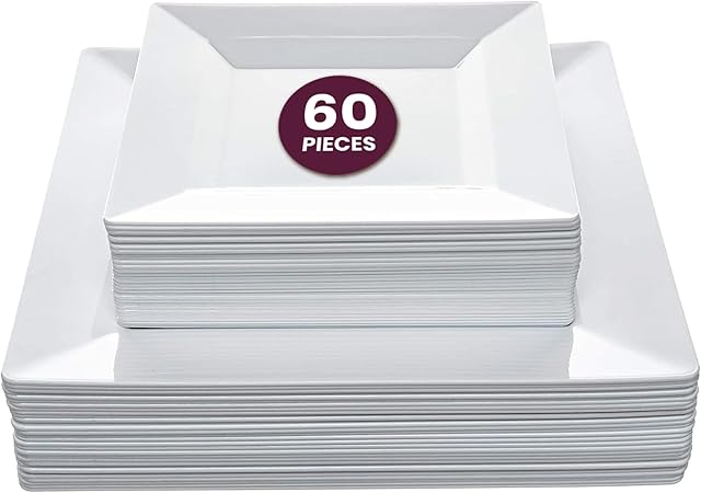 Aya's 60ct White Square Disposable Plates - Heavy Duty Plastic Party Plates for Christmas, Thanksgiving (30 Dinner & 30 Salad)