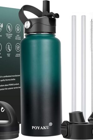 Water Bottle Insulated 32oz 40oz 64oz 128oz Straw Lid Spout Lid & 3 Lids, Leak Proof, Vacuum Insulated,Stainless Steel Water Bottle Wide Mouth for Sports, Gym or Office