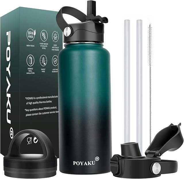 Water Bottle Insulated 32oz 40oz 64oz 128oz Straw Lid Spout Lid & 3 Lids, Leak Proof, Vacuum Insulated,Stainless Steel Water Bottle Wide Mouth for Sports, Gym or Office