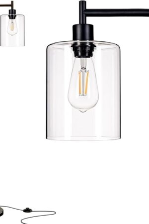 addlon Floor Lamps for Living Room Bright Lighting with Glass lampshade, Modern Bright Floor Lamp with LED Bulbs Industrial Standing lamp for beroom, Tall Pole Lamps Office - Black