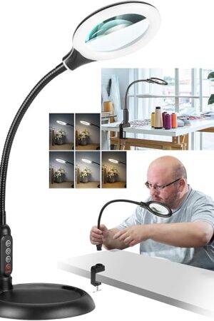 10X Magnifying Glass with Light and Stand, LED 5 Color Modes, Brightness Stepless Dimming Lighted Magnifier Hands Free, Flexible Gooseneck Desk Lamp with Clamp for Close Works, Crafts, Hobby, Painting