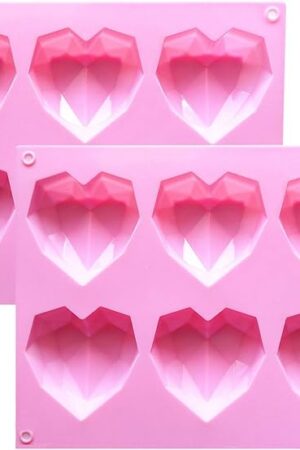 2 Pcs 3D Diamond Heart Silicone Mold for Chocolate, 6 Cavities Easy Demold Heart Shaped Mold Tray for Making Breakable Mousse, Cake, Chocolate, Cheesecake, Valentine's Day/Happy Birthday Gift.