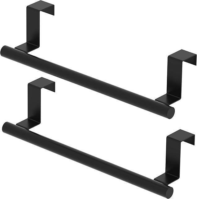 Cabinet Door Towel Holder, Over Cabinet Towel Bar, Stainless Steel Dish Towel Holder for Cabinet Door Kicthen Towel Rack, Matte Black 2 Pack