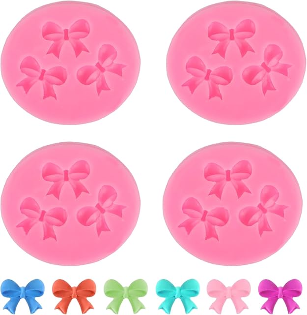 4pcs Bow Fondant Molds, Mini Silicone Fondant Mold Bowknot Candy Chocolate DIY Cake Decoration for Birthday Wedding Party