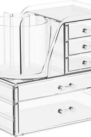 Clear Acrylic Makeup Organizers for Vanity,Countertop,3 Pack Make up Drawer Organizer With Makeup Brush Holder,Plastic Skincare Organizers for Hair Accessories,Beauty,Hair Products,Bathroom,Dresser