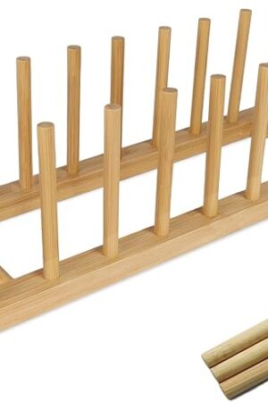 Bamboo Wooden Dish Racks Plate Organizer for Cabinet Space Saver 8 Slots Dish, Pots, Lids, Bowls, Cups, and Cutting Boards and Books Vertical Drainer