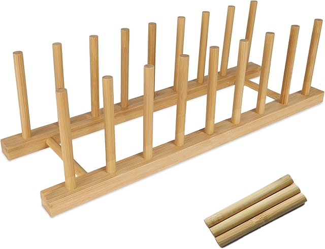 Bamboo Wooden Dish Racks Plate Organizer for Cabinet Space Saver 8 Slots Dish, Pots, Lids, Bowls, Cups, and Cutting Boards and Books Vertical Drainer