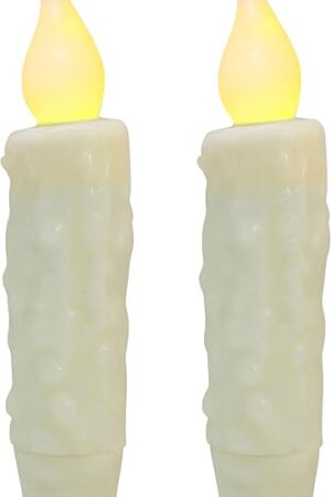 CVHOMEDECO. Real Wax Hand Dipped Battery Operated LED Timer Taper Candles Country Primitive Flameless Lights Décor, 4-3/4 Inch, Ivory, 2 PCS in a Package