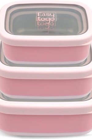 3 Pack Stainless Steel Food Containers with Silicon Lid & Non-Slip Exterior, LeakProof, Airtight Rectangular Portion Control Storage Lunch Box, Togo Lunch Containers for Adults - Pink